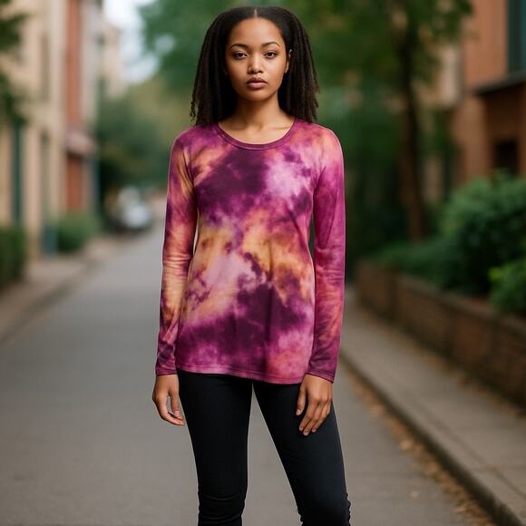 Handcrafted Custom Purple, Pink, Yellow Long Sleeve Tie Dyed Tunic Top Size M - Picture 1 of 12